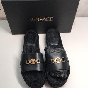 New Authentic Versace Summer Slides – Premium Leather, Gold-Tone Logo
